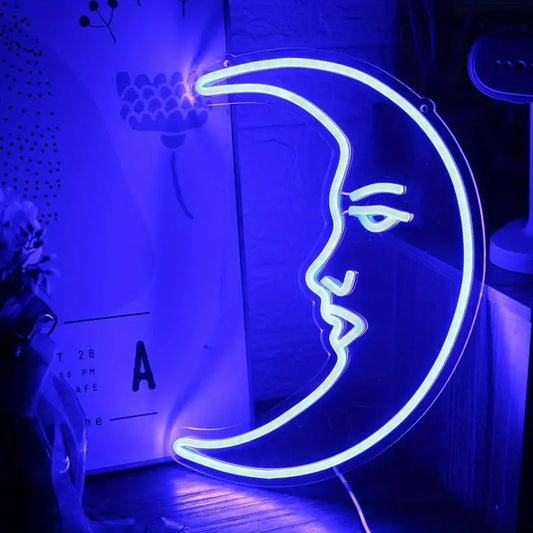 Blue Crescent Moon Neon Sign