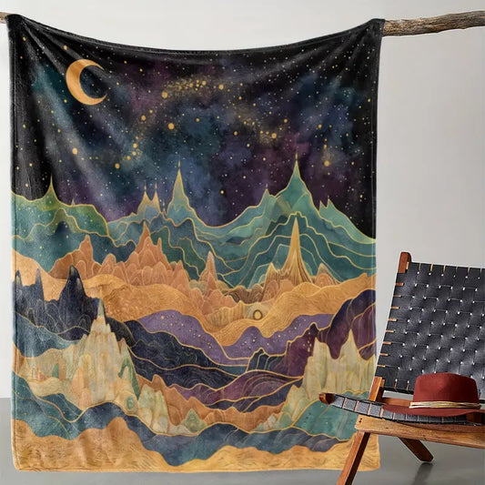 Starry Sky + Moon + Mountains Fleece Blanket