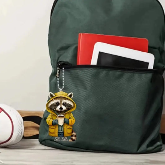 Raccoon in Rain Jacket Holding Coffee Ornament