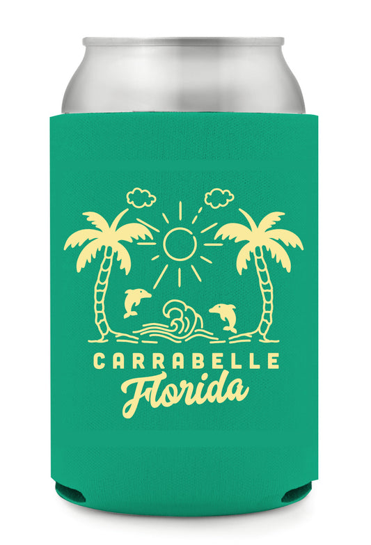 Jumping Dolphins + Beach Scene Carrabelle, FL + Ho Hum Logo Coozie