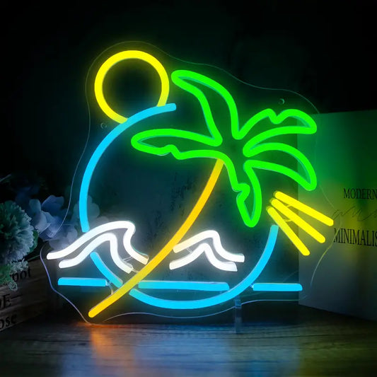 Ocean Waves + Palm Tree + Sun Neon Sign