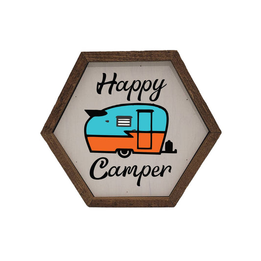 Happy Camper Hexagon Wood Sign