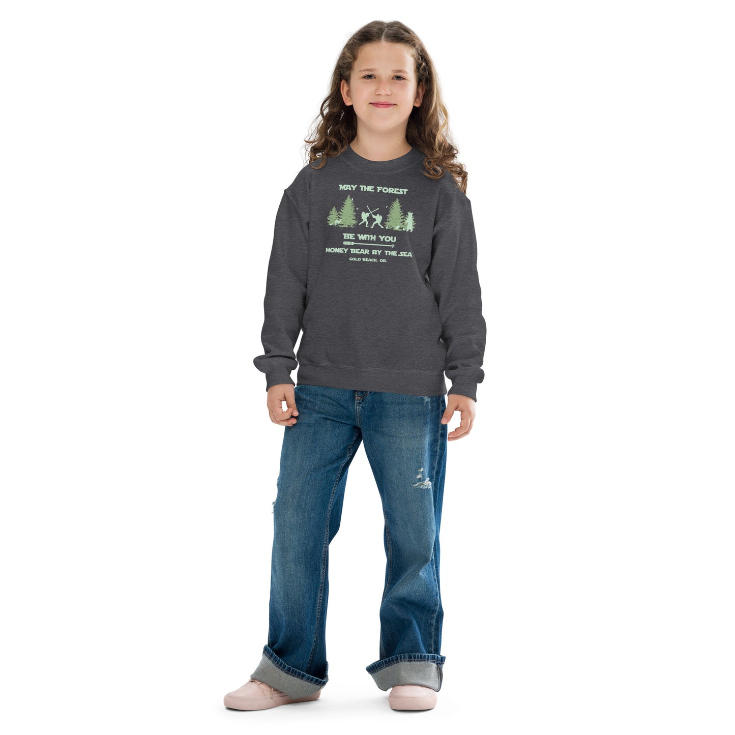 May the Forest Be With You Honey Bear By the Sea Gold Beach, OR Youth Crewneck Sweatshirt